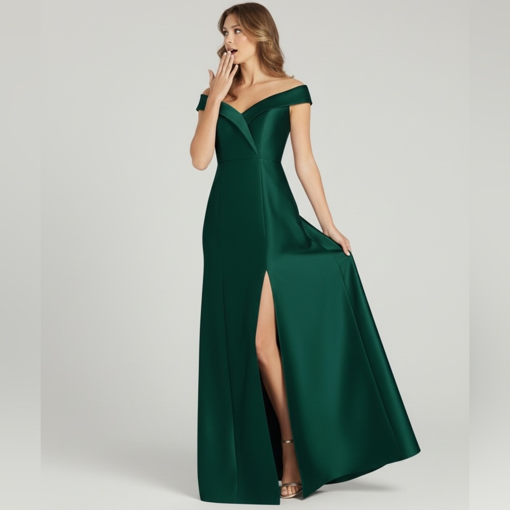 NWT Alfred Sung Off-the-Shoulder Gown Size 8 in Green Satin